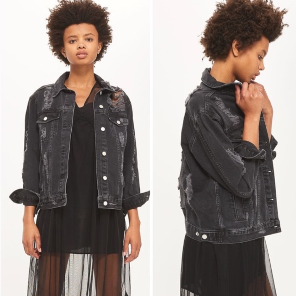 Topshop Moto Ripped Distressed Denim Trucker Jean Jacket Size 2